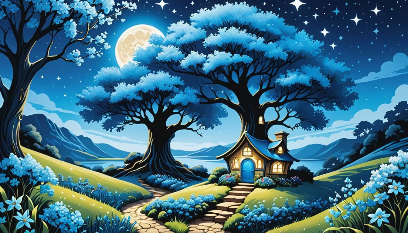 Blue Fairy Landscape Illustration with Luminous Glow