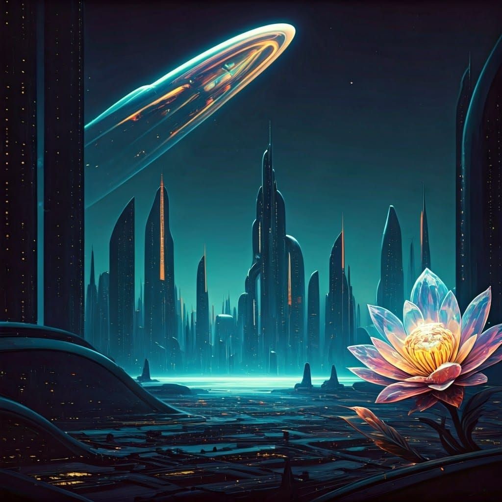 Cyberpunk Metropolis on Blue Planet in Twilight