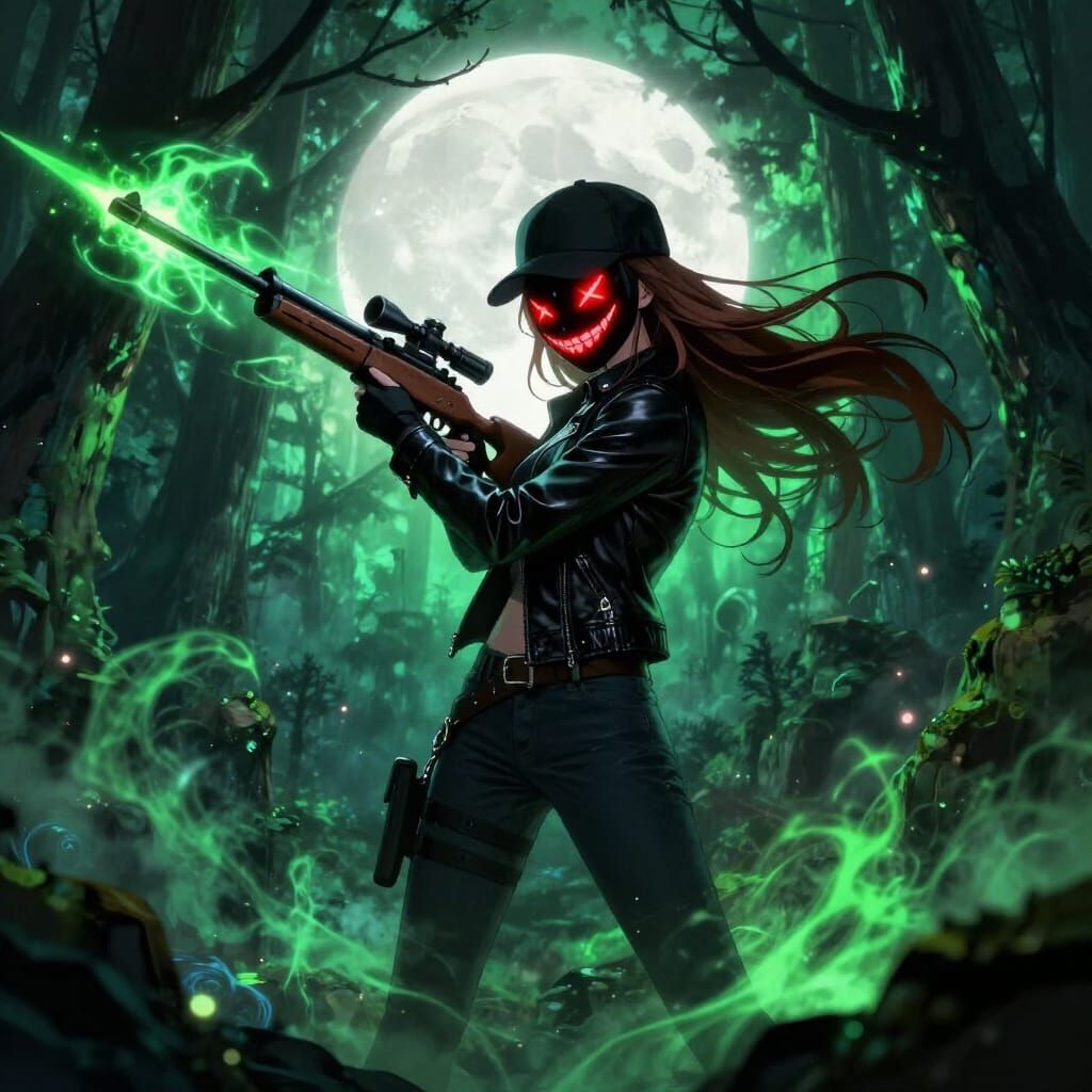 Anime Girl with Scary Mask and Sniper Rifle in Mystical Fore...