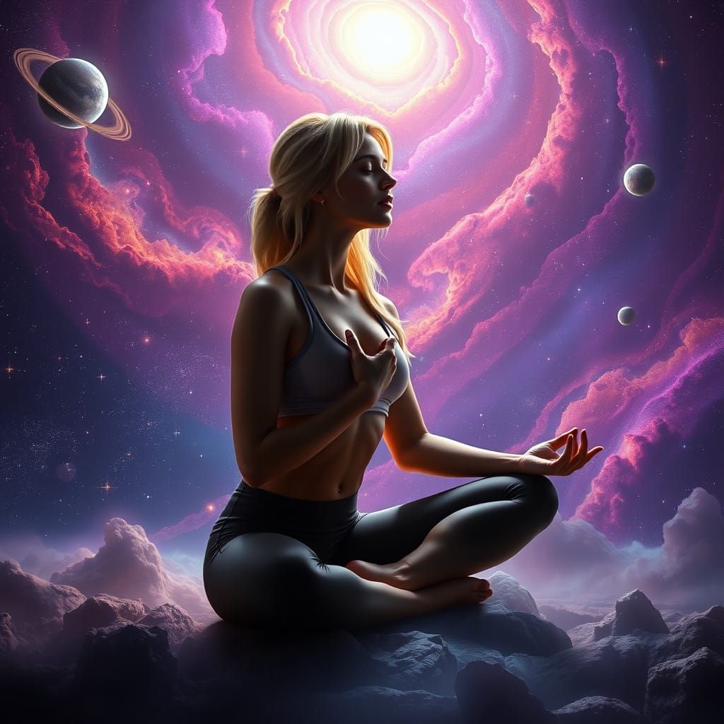 Ethereal Cosmic Goddess Radiates Harmony in Swirling Nebula