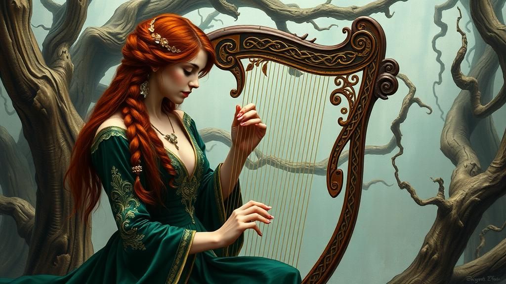 Celtic Woman in Surreal Forest: Oil on Canvas