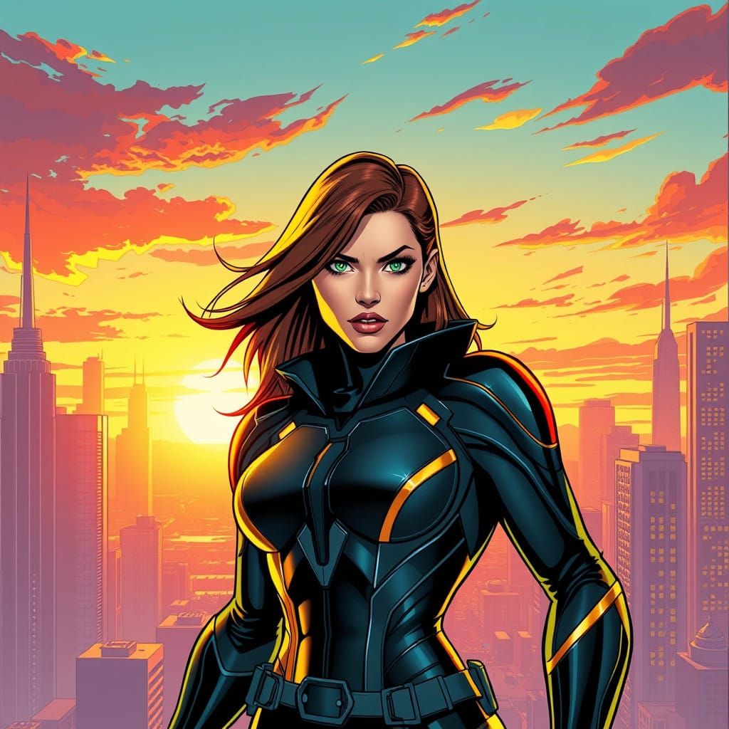 Heroic Futuristic Superheroine Stands Tall at Sunset