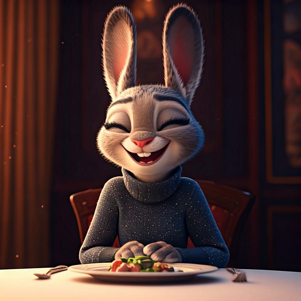 Judy Hopps at Italian Restaurant, Pixar-Style Illustration