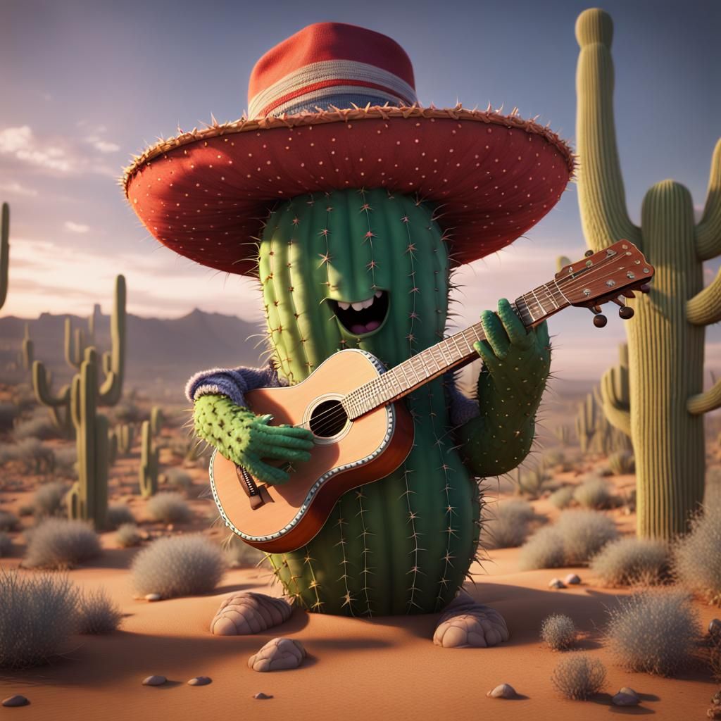 Cactus Musician in Desert Landscape: Fantasy Concept Art