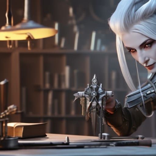 Steampunk Dark Elf Goddess Constructing Mechanical Bird