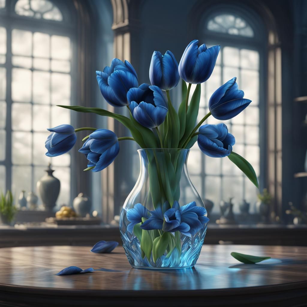 Blue Tulips in Glass Vase: Detailed Matte Painting