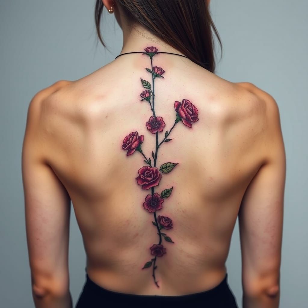 Rose Vine Tattoo on Woman's Back in Abstract Style