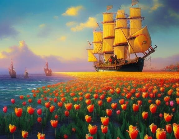 Pirate Ship Sailing Through Tulips: Dramatic Oil Painting