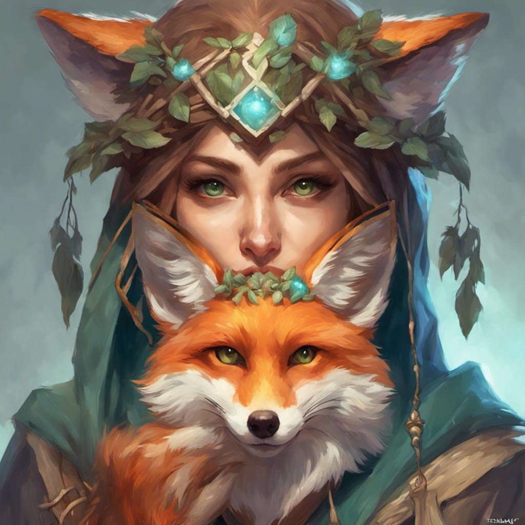 Druid Sorcerer and Fox Companion: Hyperdetailed Portrait