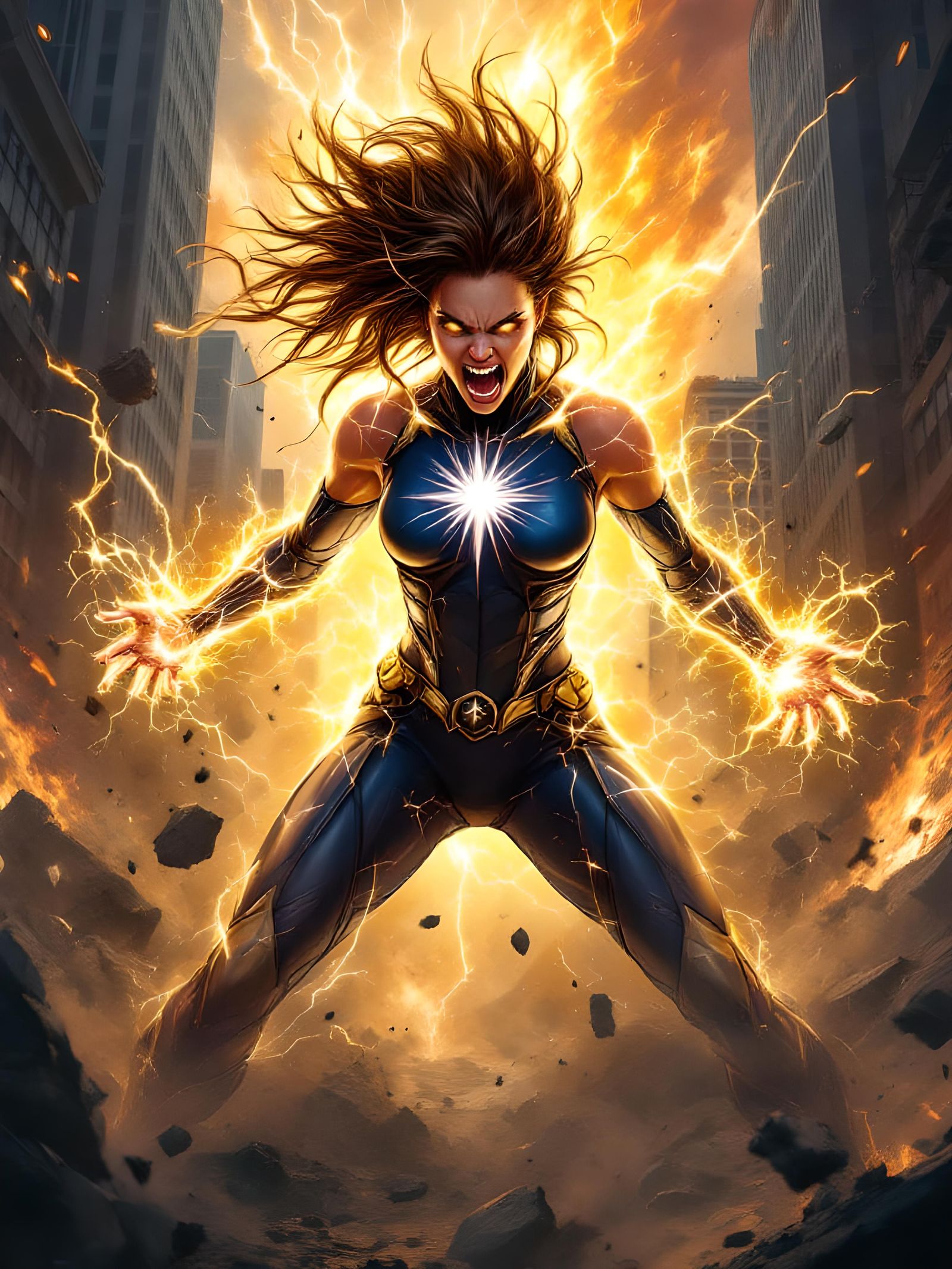 Furious Superheroine Radiating Cosmic Energy in Graffiti Art