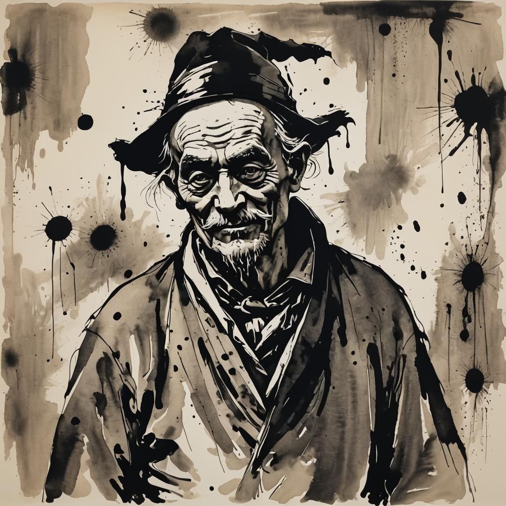 Modern European Ink Painting of a Fool