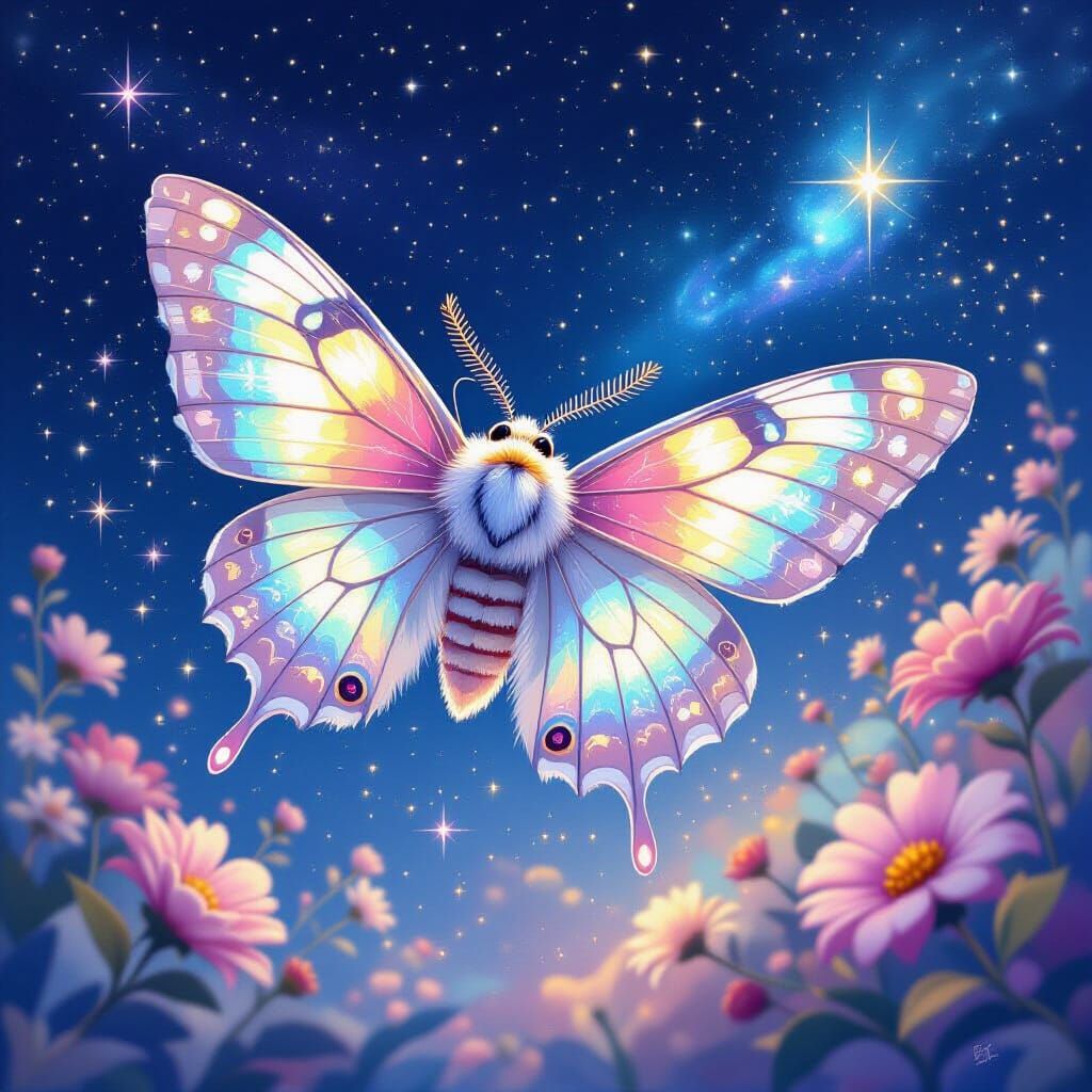 Moth with Galaxy Wings Flies Through Starry Night
