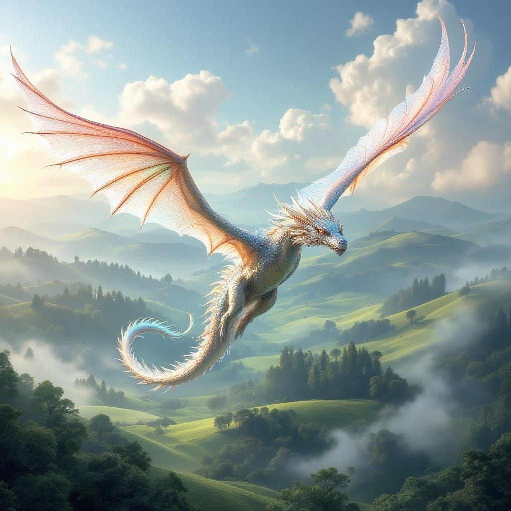 Ethereal Dragon Soars Over Idyllic Countryside in Hyper-Real...