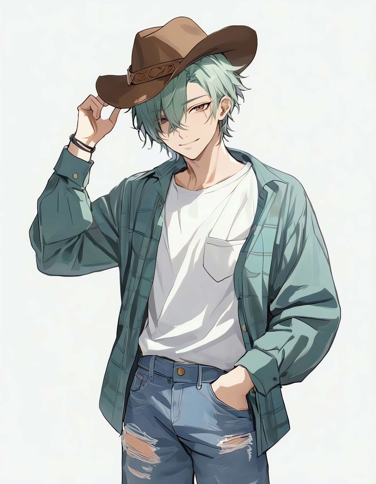 Aqua-Haired Bishounen Cowboy with Scar, Digital Art