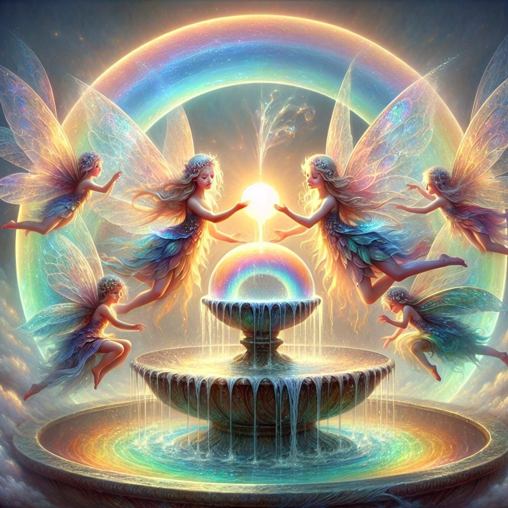 Fairies Playing at Rainbow Fountain in Ethereal Light