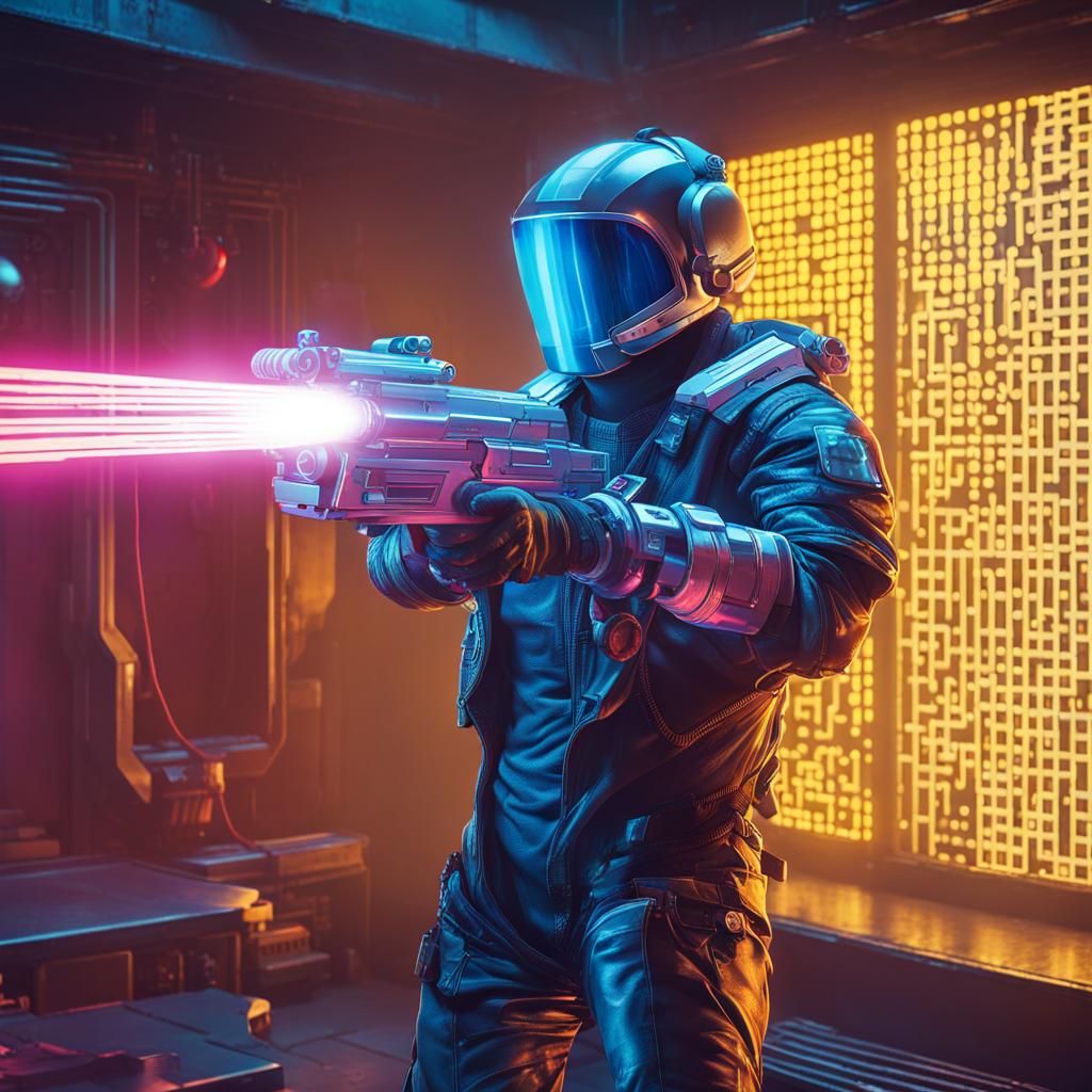 Cyberpunk Spaceman Fires Laser at Glass Cube