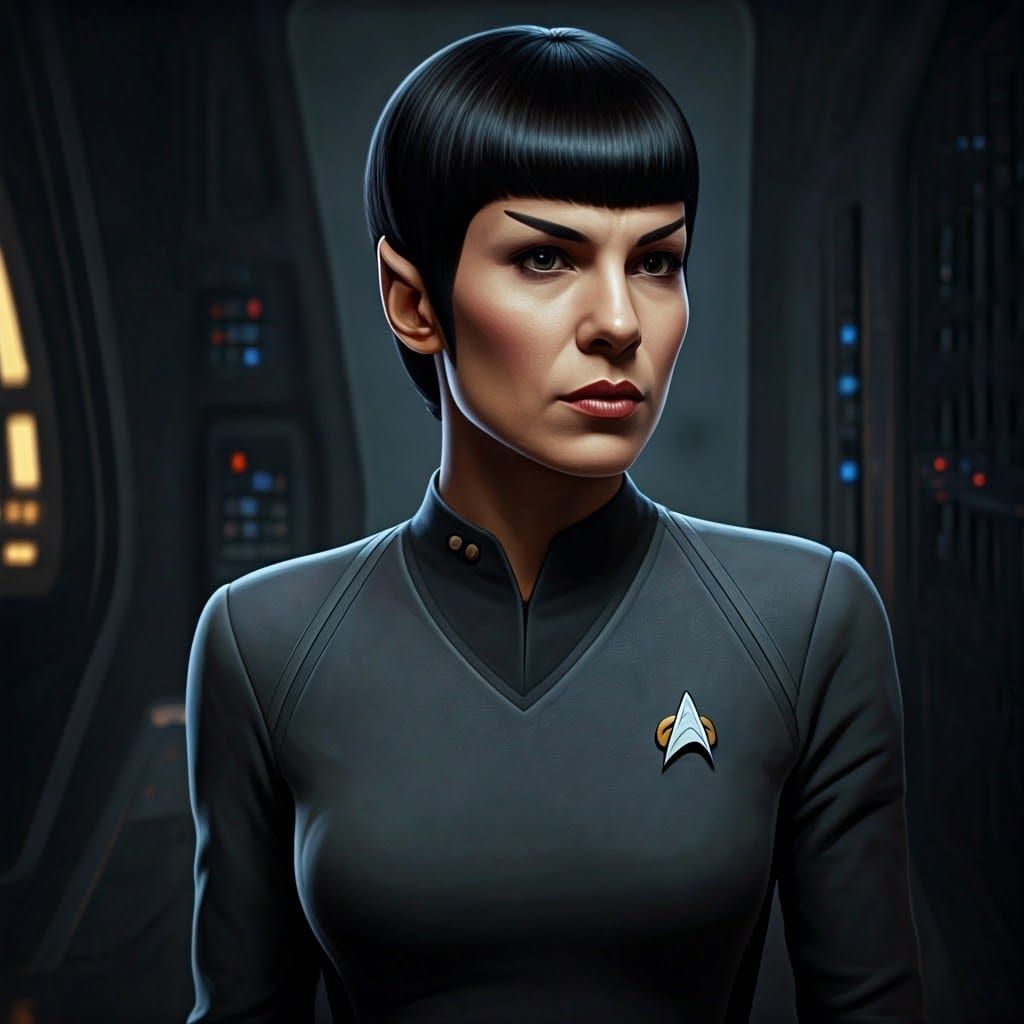 Vulcan Starfleet Officer in Futuristic Gray Jumpsuit