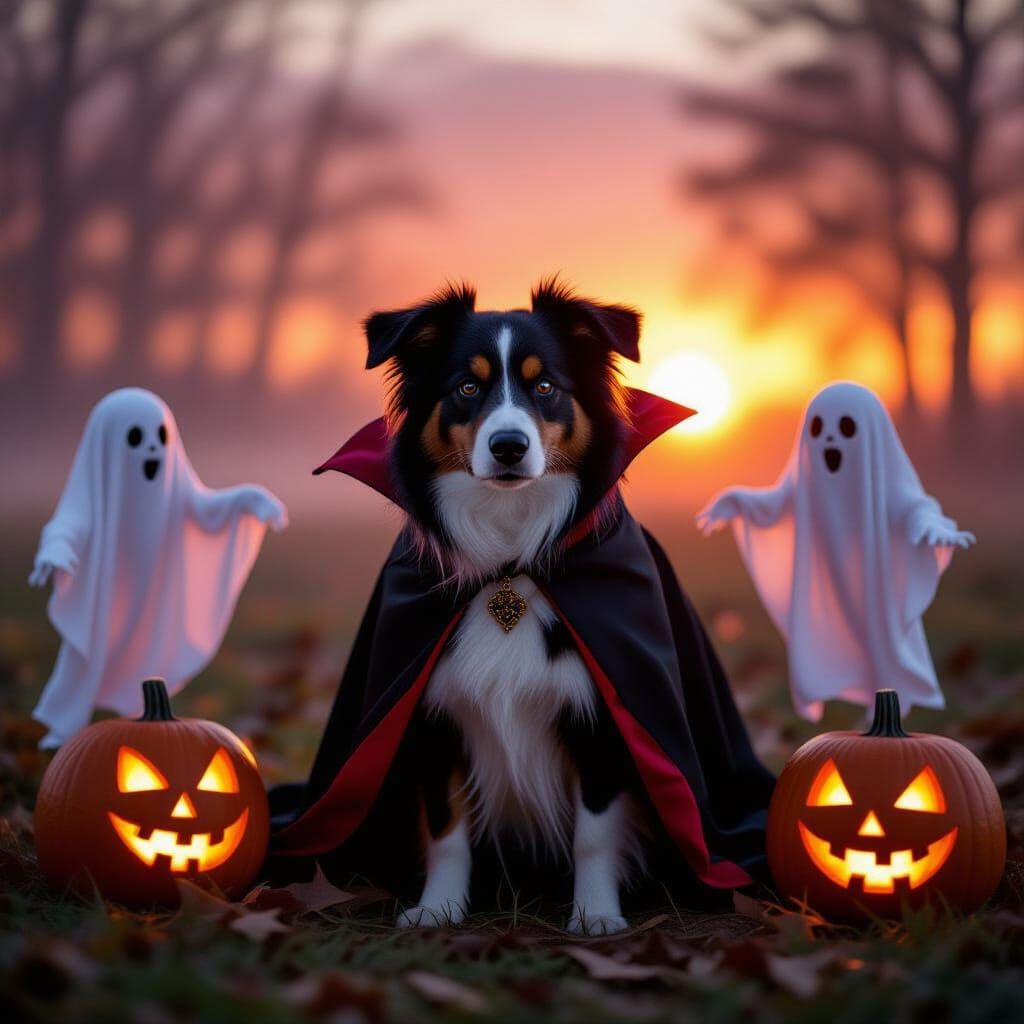 Dog Dressed As Dracula With Ghosts And Pumpkins At Sunset