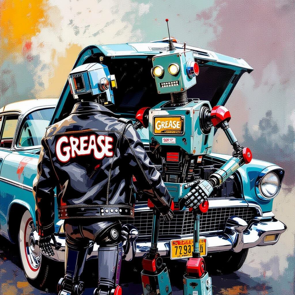 Robot Greaser in Abstract Hot Rod Scene