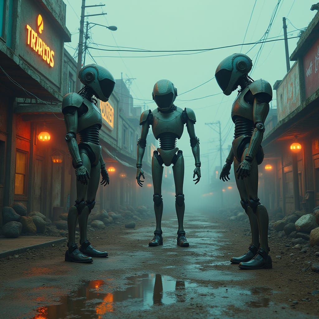 Dystopian Robot City in Cyberpunk Style