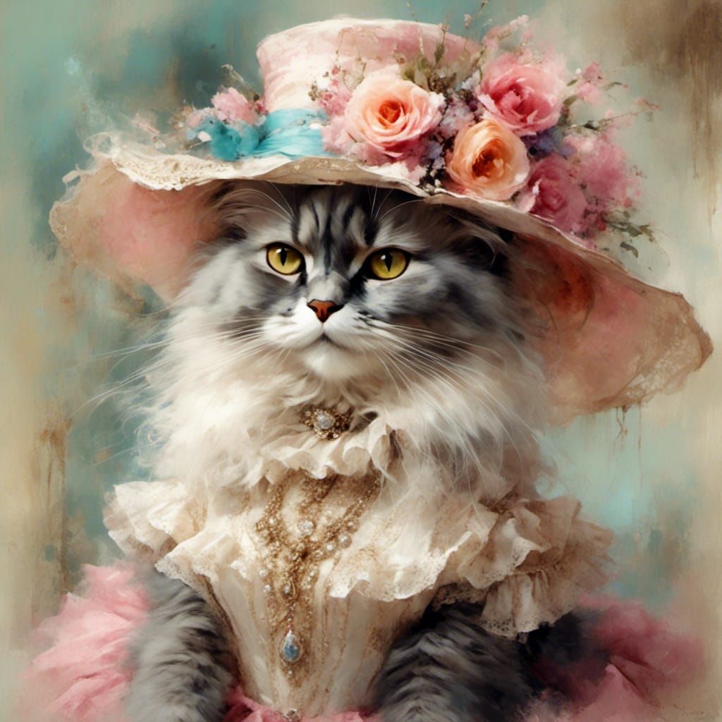 Feminine Cat in Dress and Hat