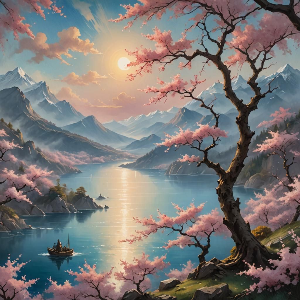 Mountain Lake Cherry Blossom Tree in Naturalism Style