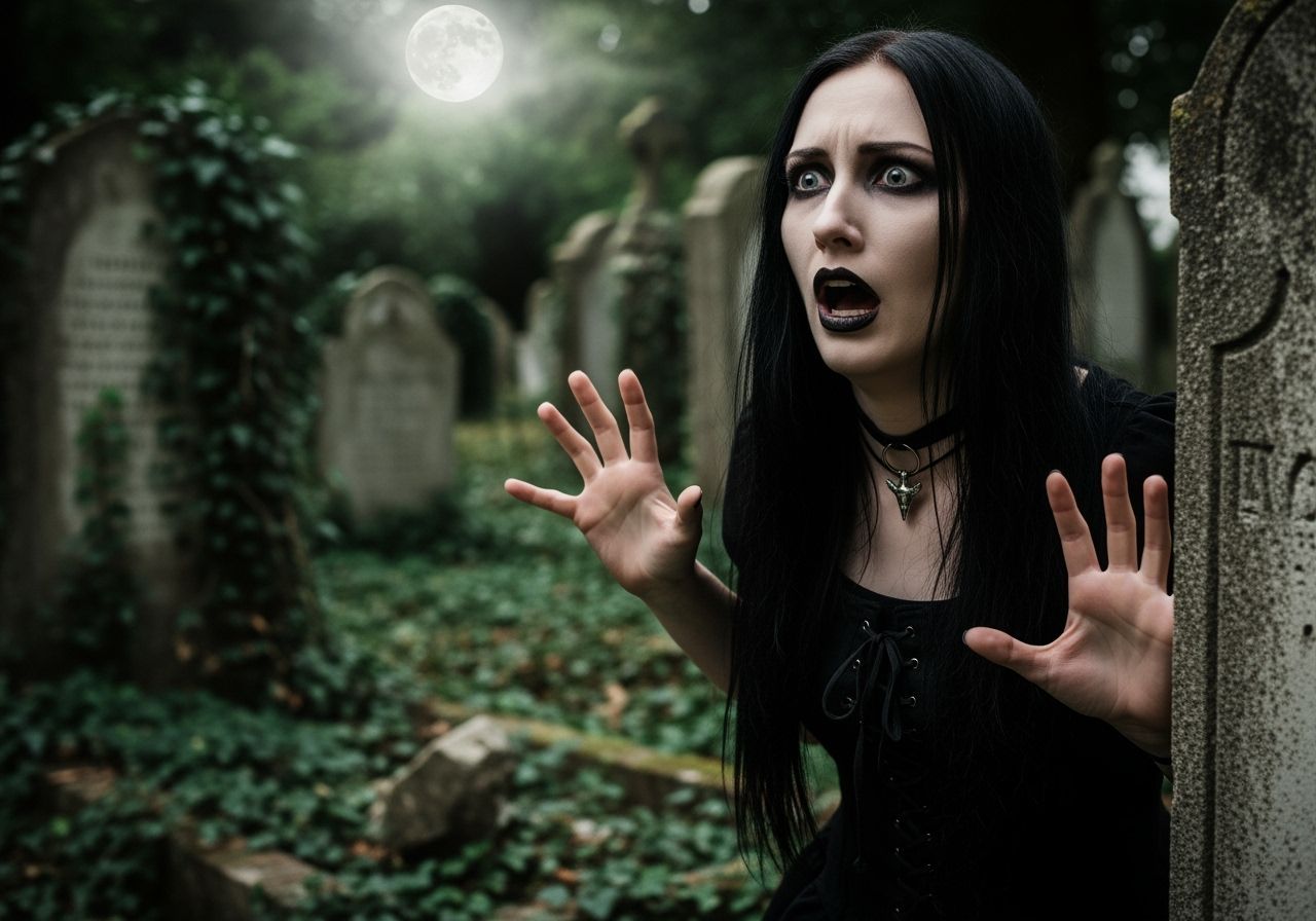 Goth Woman's Terror in Moonlit Cemetery