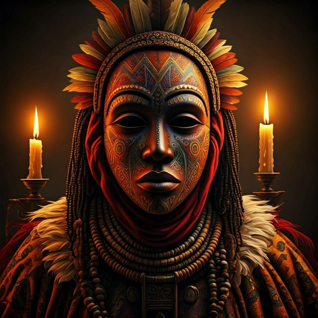 A lady donning a traditional African Voodoo mask