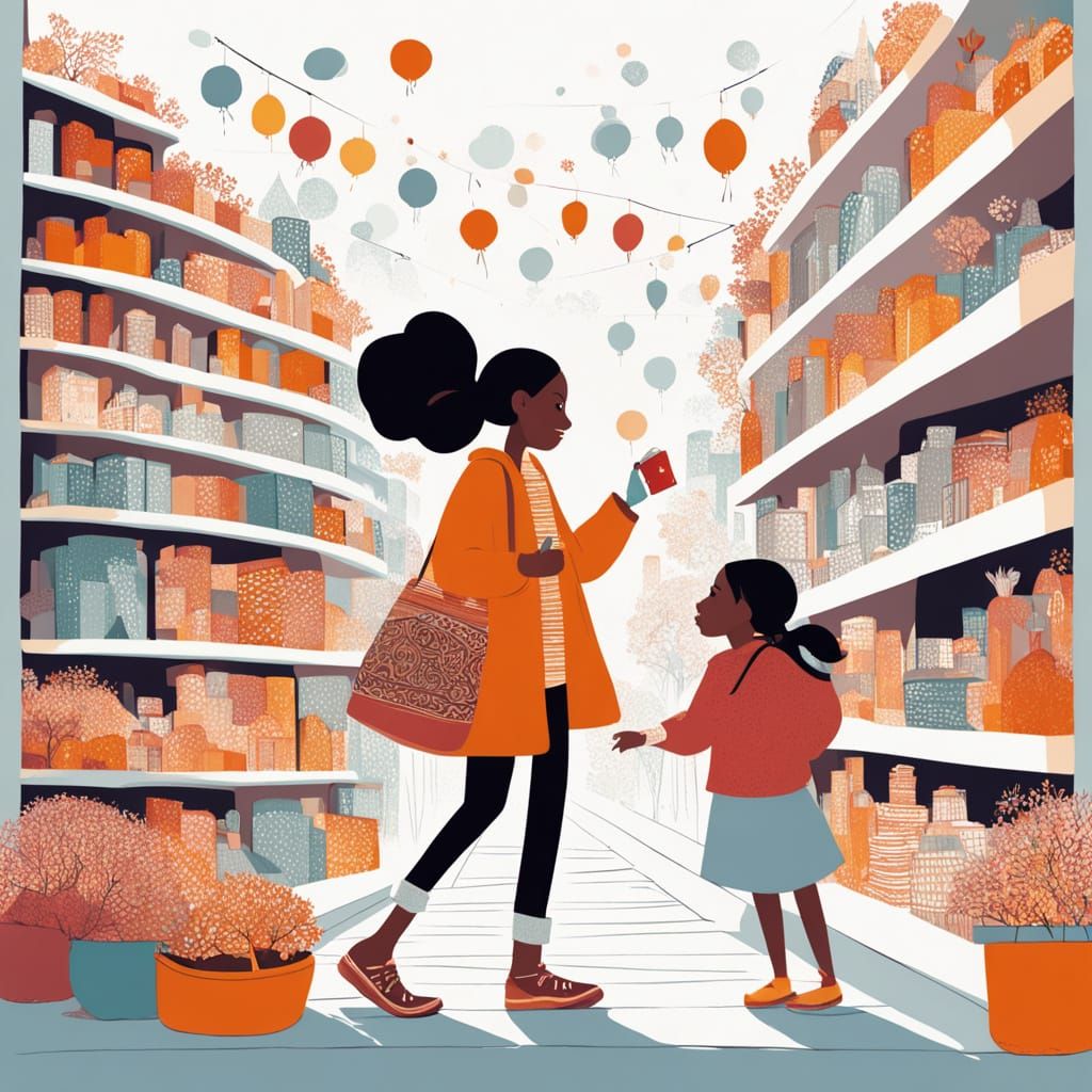 Joyful Shopper in Vibrant Store, Aboriginal Art Style