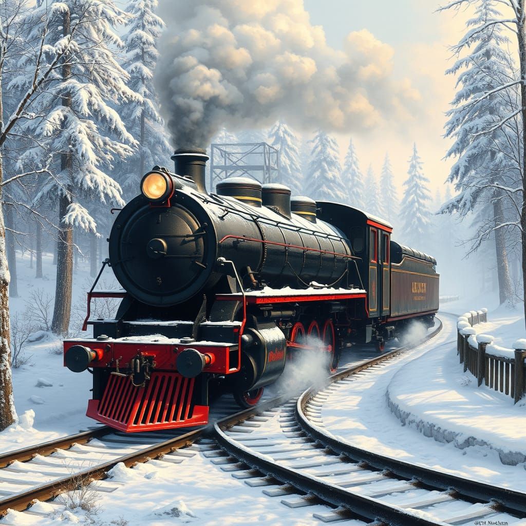 Antique Steam Train in Winter Landscape