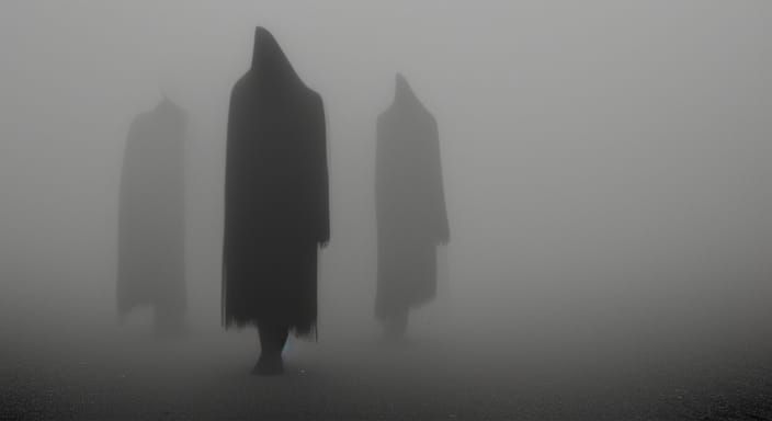 Eerie Trio: Sinister Figures in a Misty Landscape
