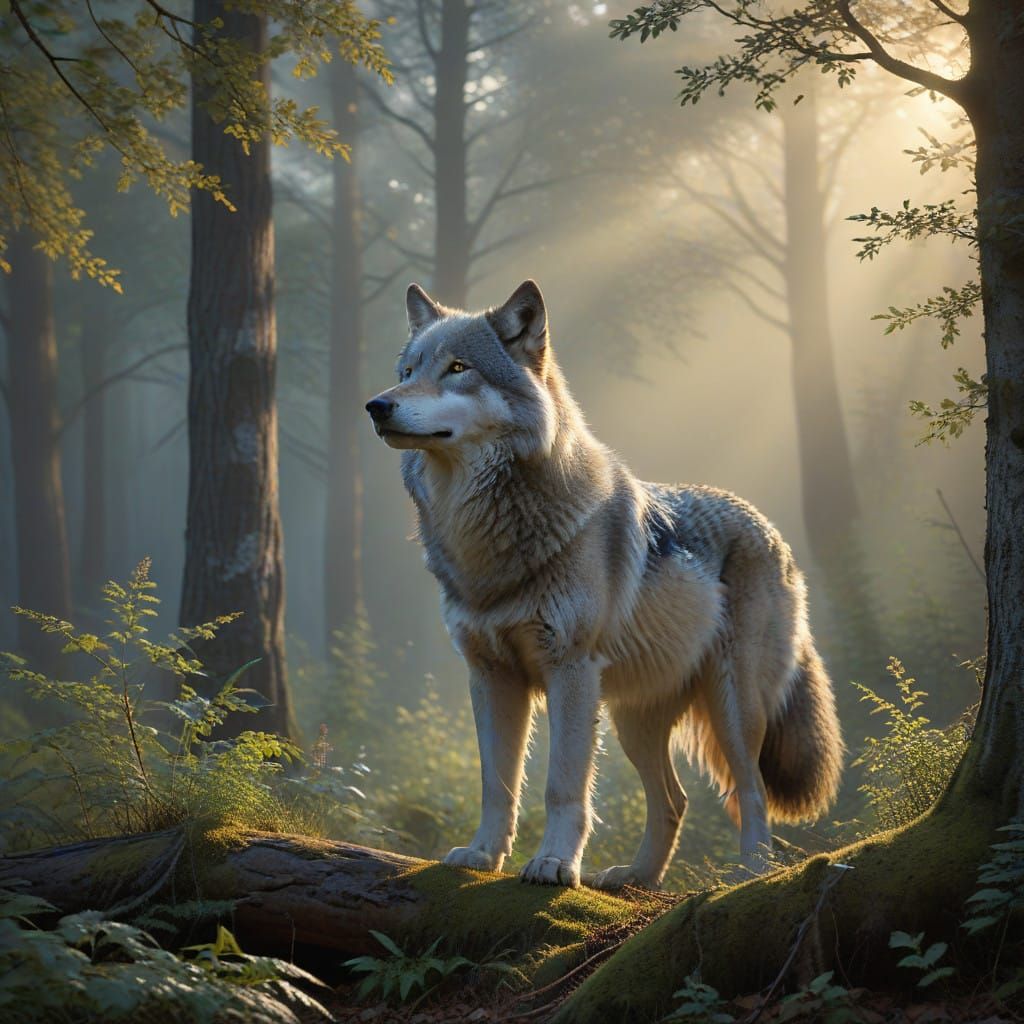 Wolf in Serene Forest Landscape with Soft Focus and Ethereal...