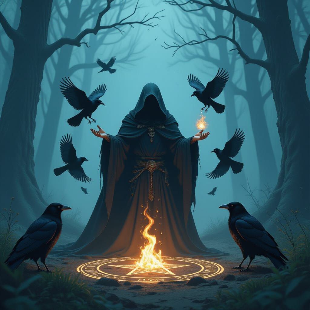Mystical Forest Ritual with Ravens and Pentacle