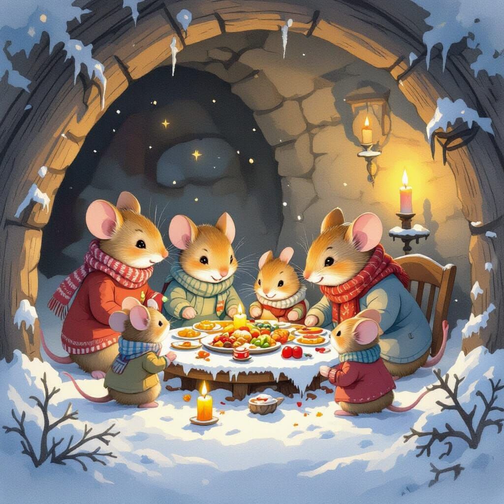 Mouse family enjoys a lavish feast in a snow-covered burrow