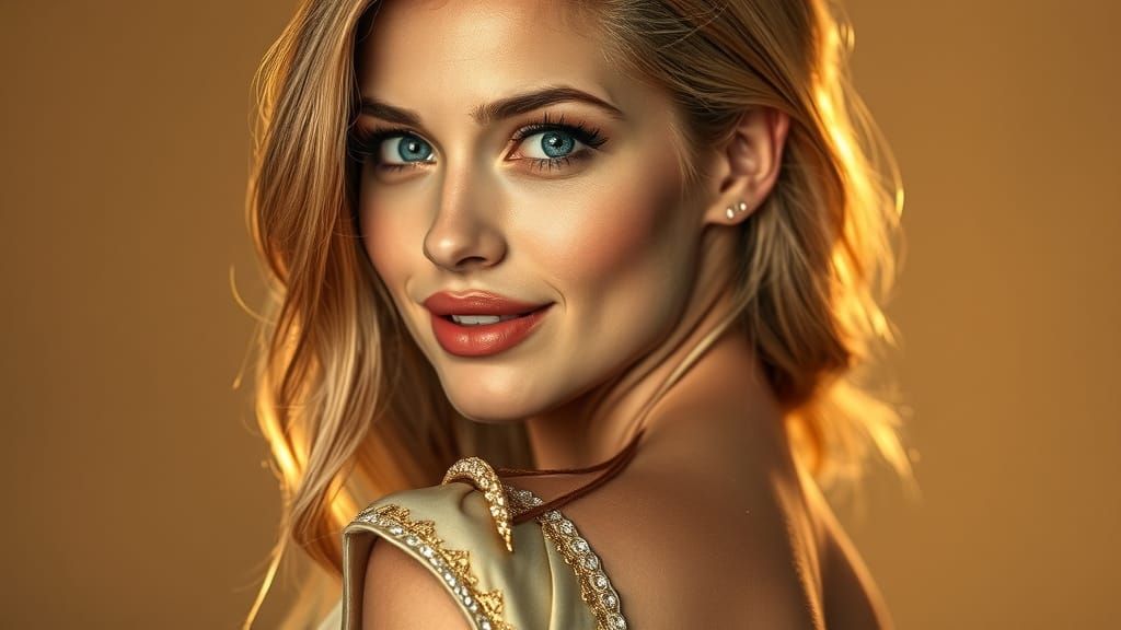 Radiant Woman in Champagne Gown, Hyperrealistic Portrait