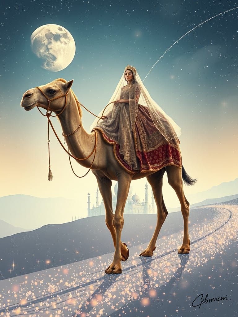 Regal Camel Conquers Stary, Celestial Pathway to Moon City