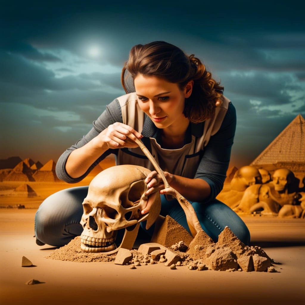 Stunning  professional photo  of woman Archeological digsite finding skull of giant.  with  workers Posing next to the s...