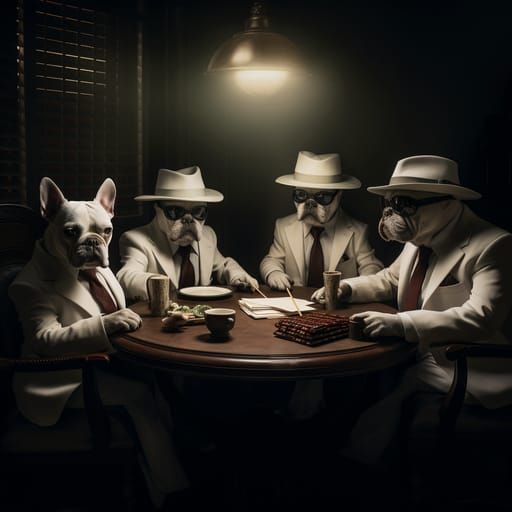Mafia Frenchies Smoking Cigars in Dimly Lit Room