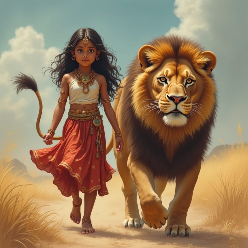 Indian Girl Walking with Two Lions
