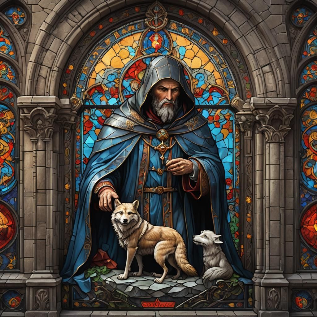 Stained Glass Window of Man with Wolf