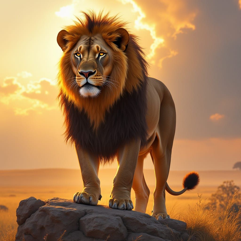 Fiery Lion Overlooking Savanna in Hyperrealistic Style