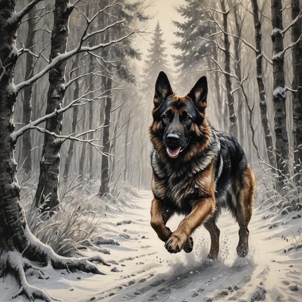 German Shepherd in Winter Forest Charcoal Drawing