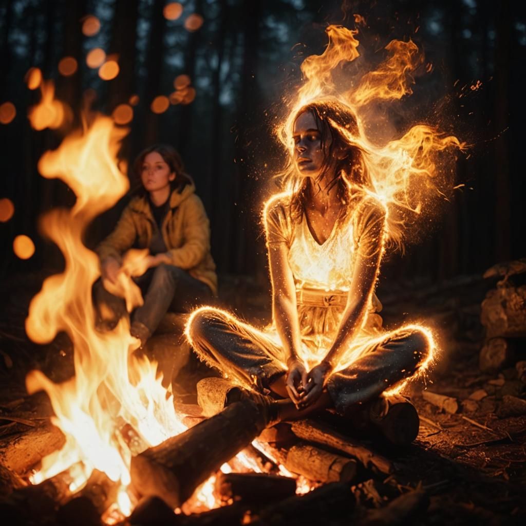 Meditator by Forest Fire in Cinematic Style