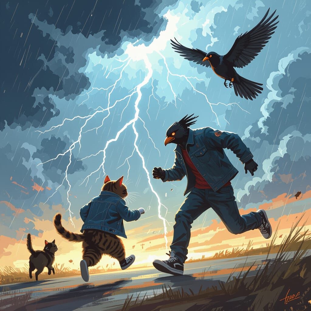 Cat Runs From Dog and Bird Man in Storm, Digital Art