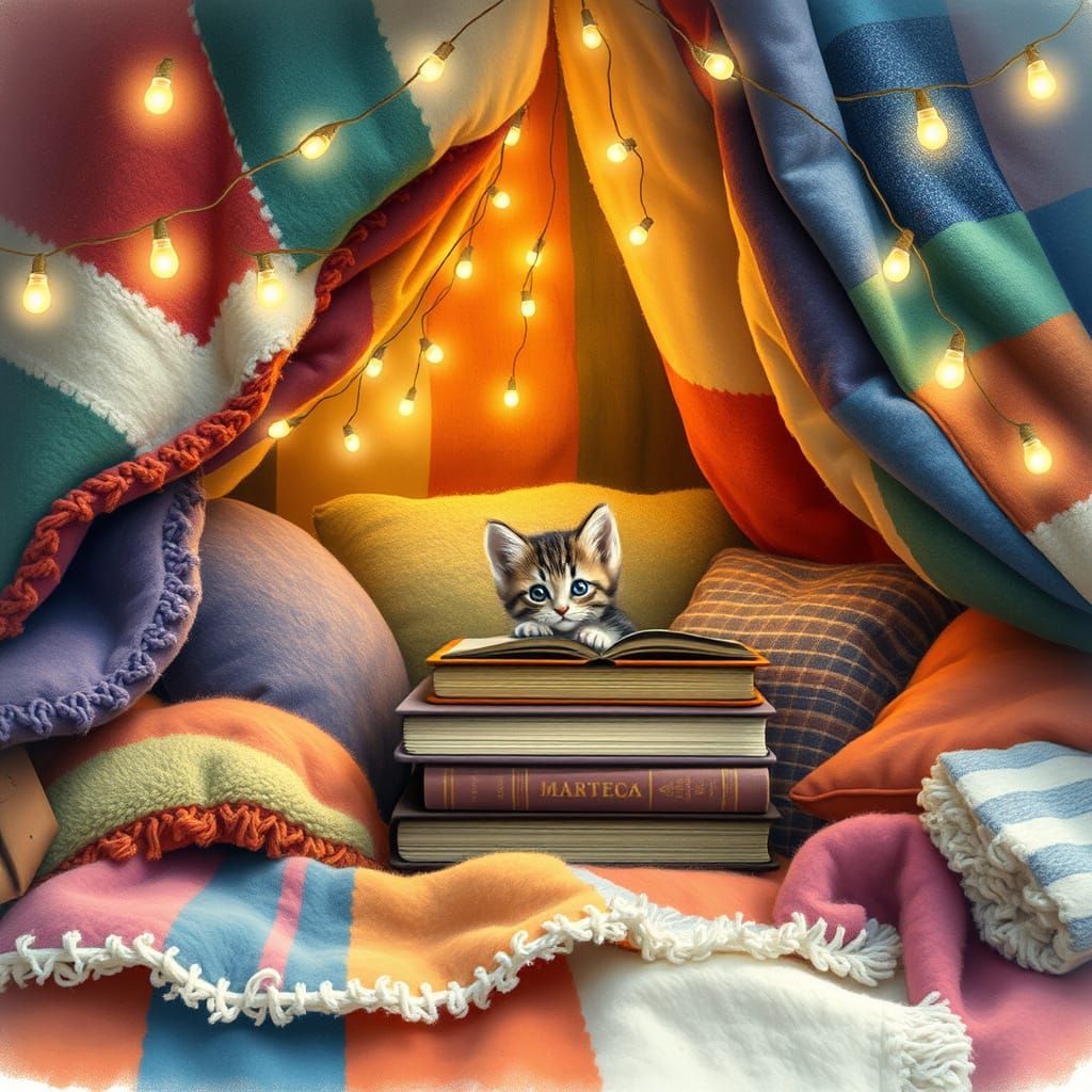 Whimsical Kitten in Cozy Reading Den