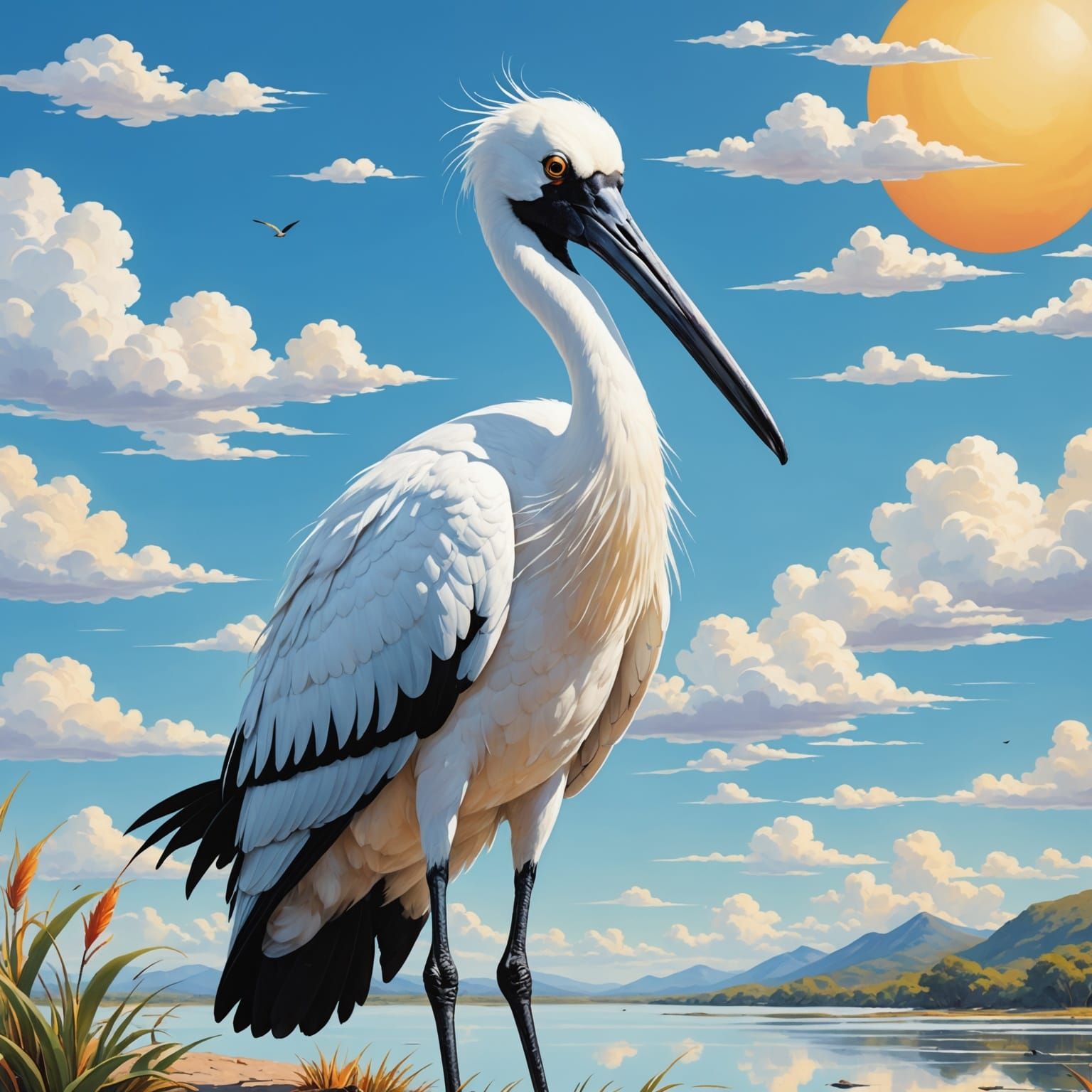 Vibrant Cartoon Black-Faced Spoonbill in Sunny Children's Bo...