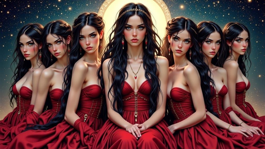 Elektra and Sisters Portrait in Art Nouveau Style