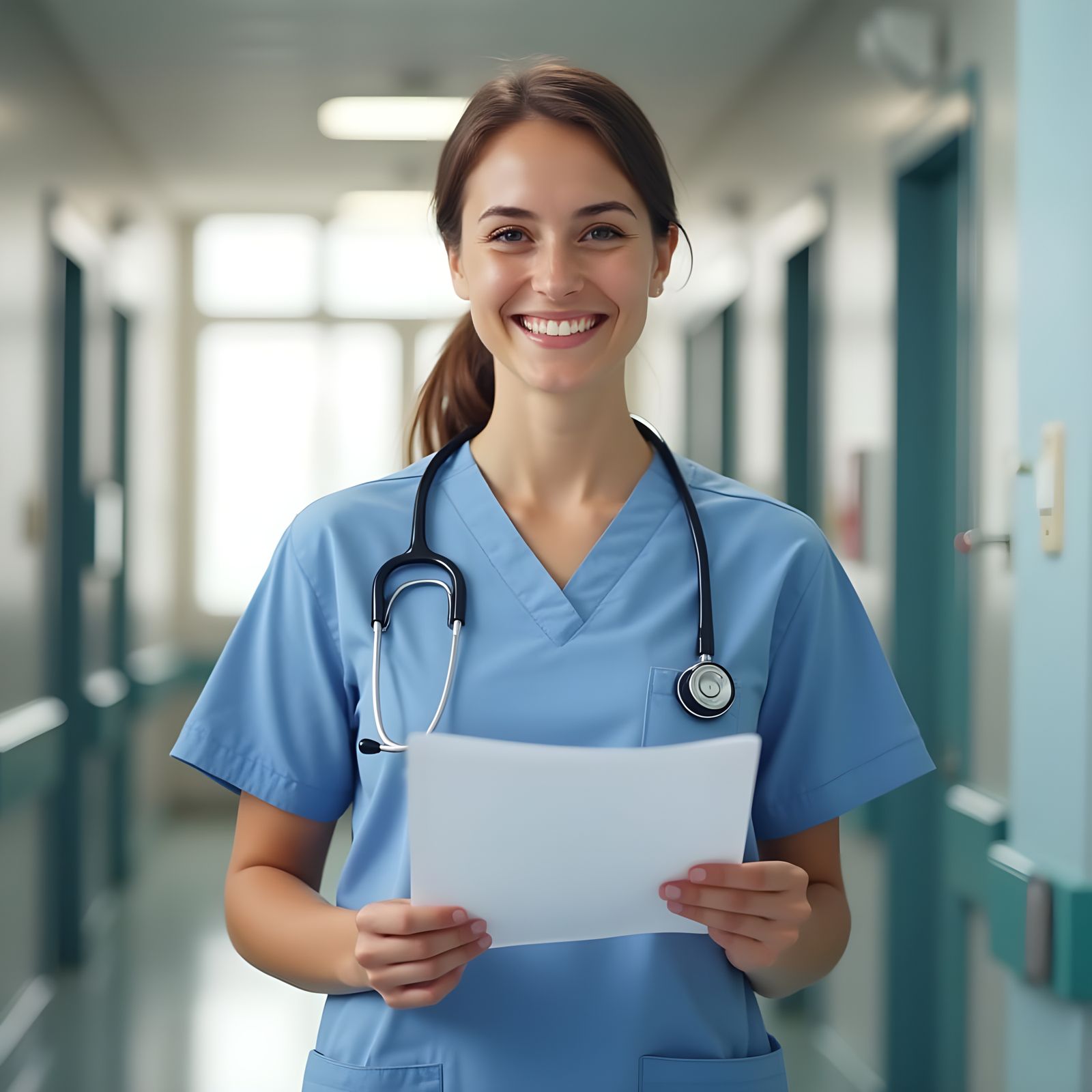 Nurse in Modern Hospital Corridor