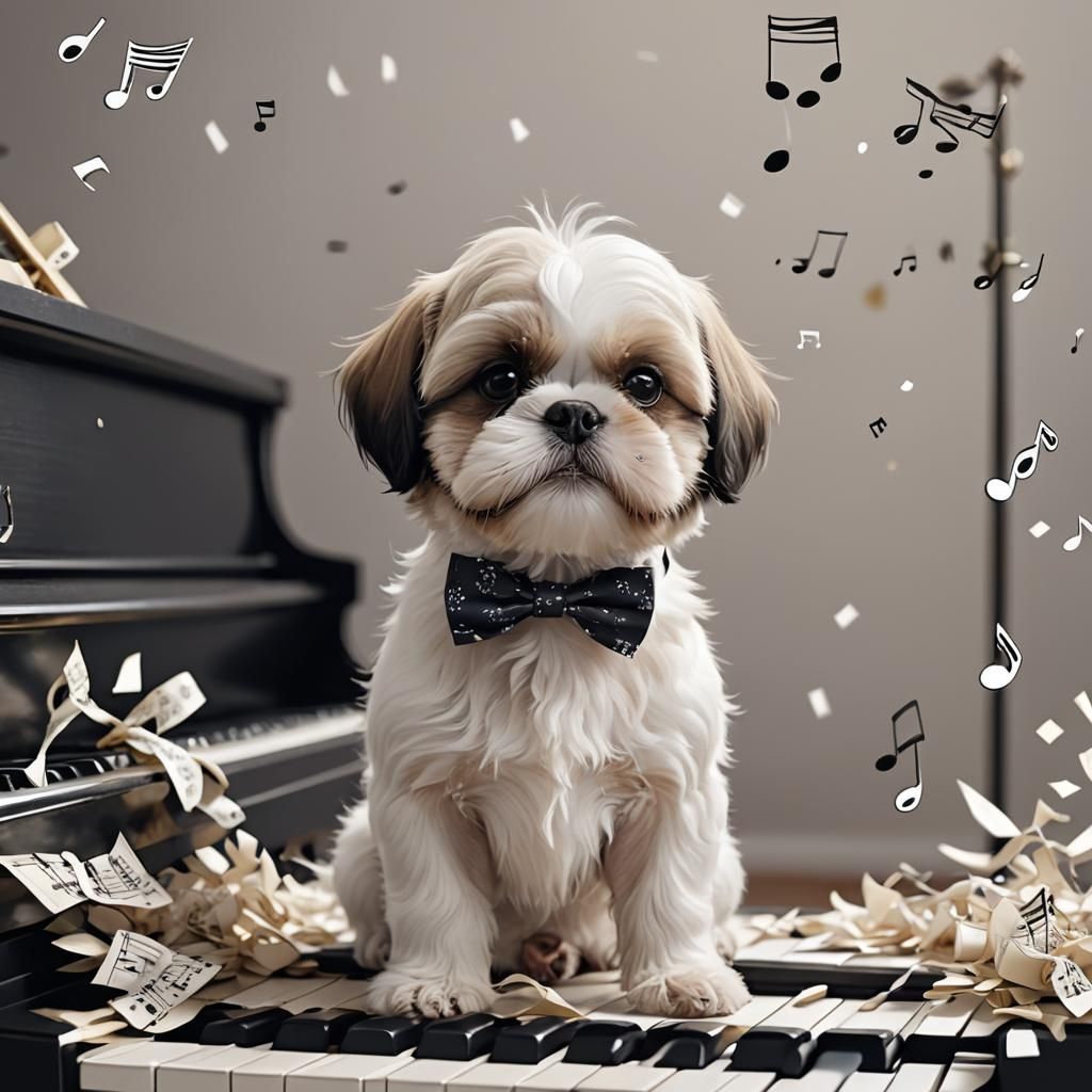 Whimsical Shih Tzu Puppy Plays Piano in a Dreamlike Scene