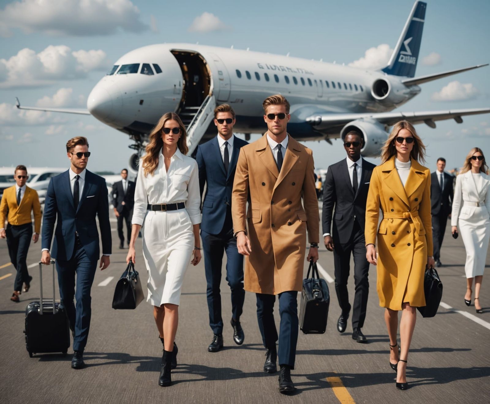 Fashion Models Strut on Airport Runway Amidst Air Traffic